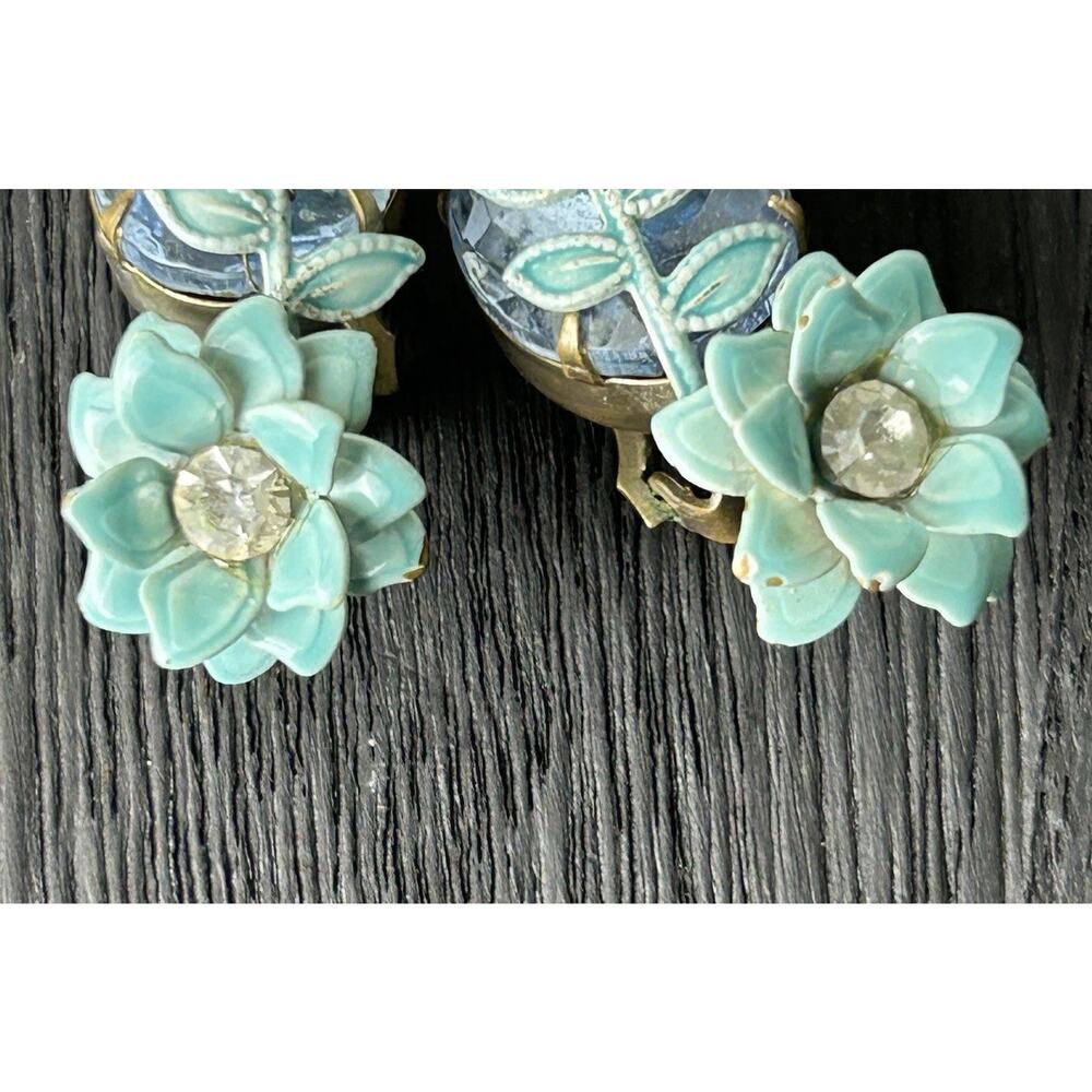 Vintage Glass And Enamel Earrings Blue Clip On Floral Vines Spring - Picture 9 of 11
